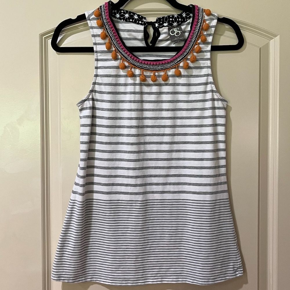 ANTHROPOLOGIE ONE SEPTEMBER Striped Pom Pom Tank Top Gray White Women’s Size P